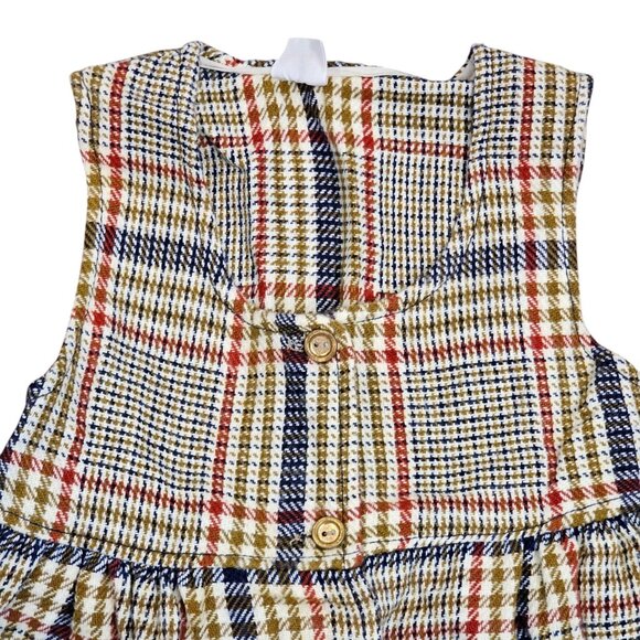 Vintage 70s 2T 3T Plaid Pinafore Dress Long Maxi Button Up Tan Navy Red‎ Gold - Picture 3 of 10